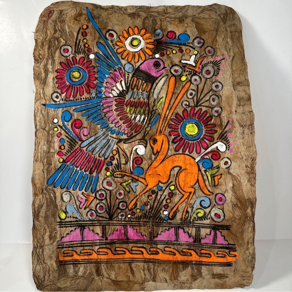 Vintage Retro 60’s 70’s Lrg Mexican Folk Art Painting Ornate Tree Bark Parchment